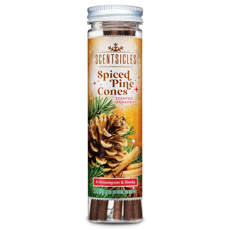Scentsicles Spiced Pine Cones Scented Christmas Ornaments with Hooks - 1 Bottle (6 Sticks Total) - Image 1